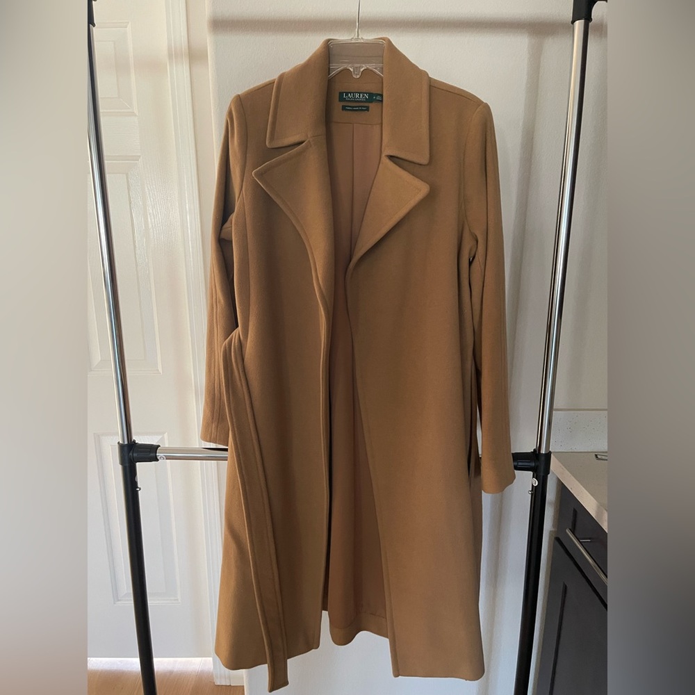 Women's long Wool Blend Belted wrap coat with two side pockets